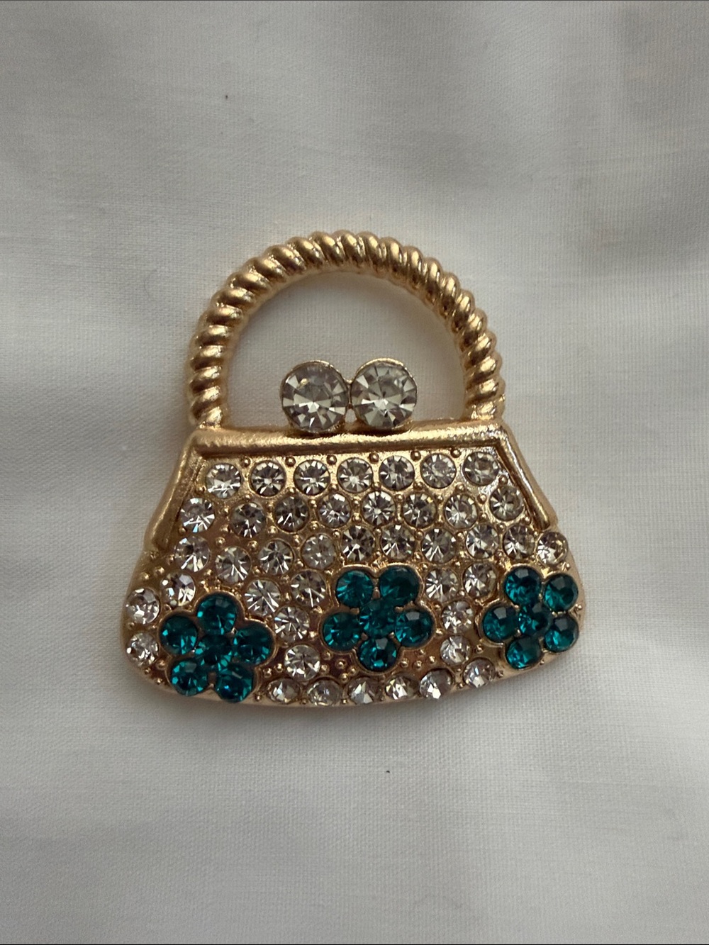 Gold Crystal-Embellished Handbag Brooch with Teal Accents